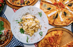 Italian food being served at a restaurant. 